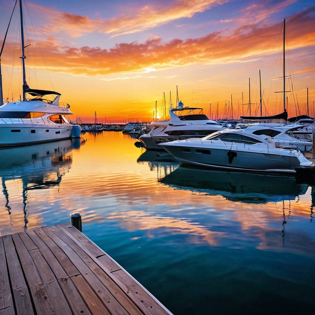 A serene marina at sunset with luxury yachts bobbing in the water, a close-up of a yacht insurance policy being held by a relaxed couple, showing elements of peace and security. In the background, a gentle wave lapping against the dock, symbolizing tranquility, with soft warm colors painting the sky. super-realistic. vibrant colors. peaceful atmosphere.