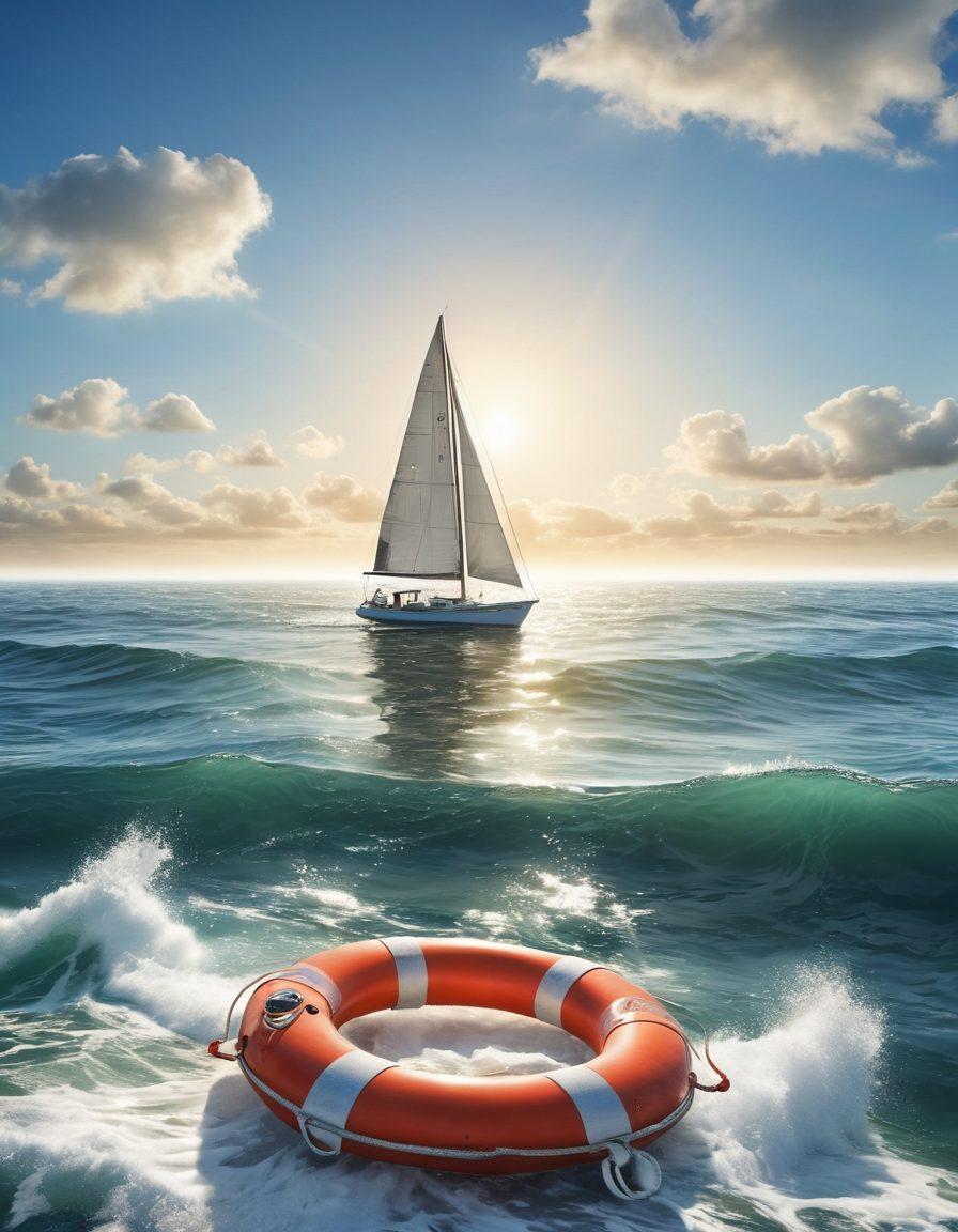 A serene ocean scene with a sailboat gliding smoothly across calm waters, surrounded by waves and bright sunlight. Include elements representing nautical insurance, like a lifebuoy with the word 'Protection' and documents scattered on the deck. The sky should be a gradient of blues and whites, emphasizing tranquility and safety. super-realistic. vibrant colors. peaceful atmosphere.